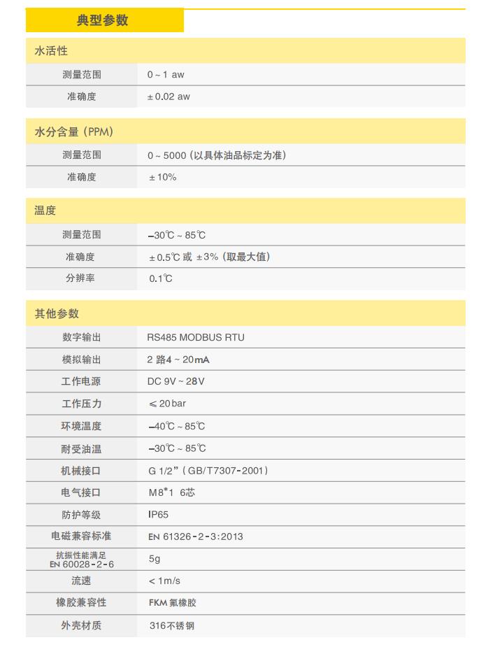 油液监控微水传感器典型参数